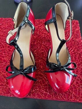 Red Patent T-Strap Heels with Black Trim - Women's Dress Pumps